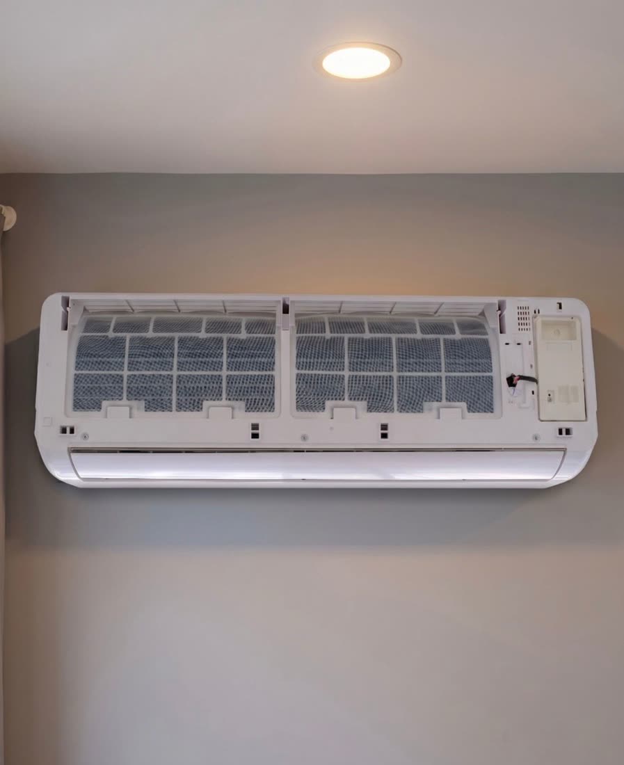 Wall-mounted split air-conditioning unit, indoor section with the front cover open